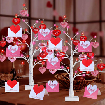 Birch Trees with Heart Ornaments 24'' Artificial Heart Table Tree Valentines Day Decorations with Cards Tree - Set of 2