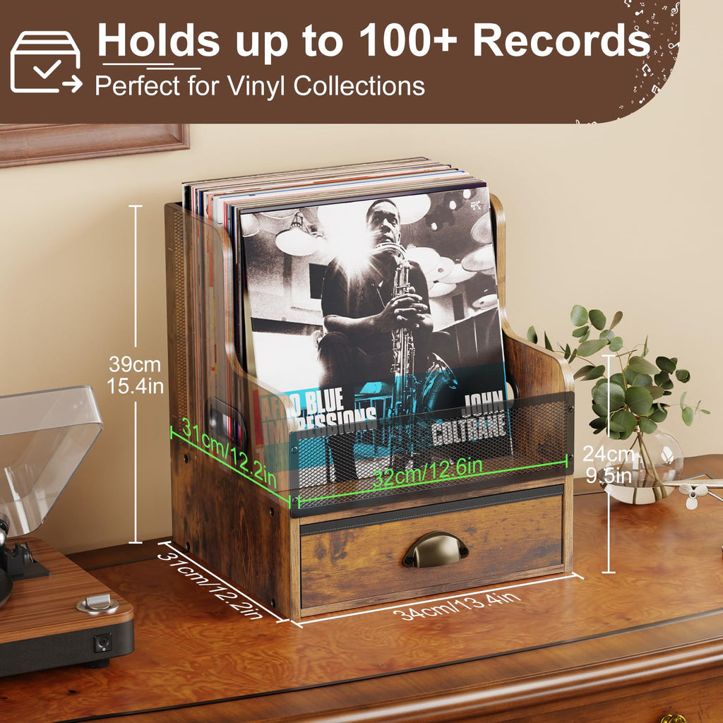 Vinyl Record Storage Crate, Wooden LP Holder with Drawer