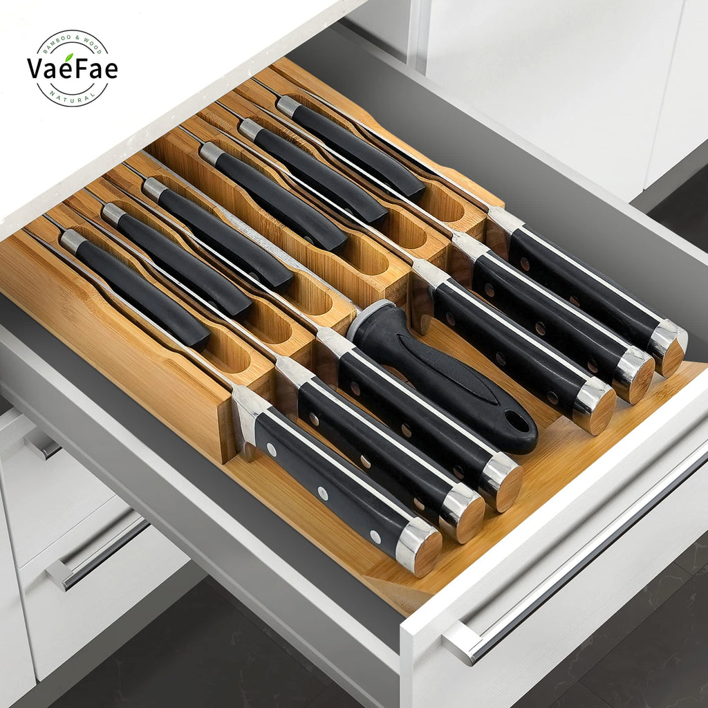 Bamboo Knife Drawer Organizer, Knife Drawer Organizer Insert, Kitchen Drawer Knife Block for 12 Knives and a PLUS