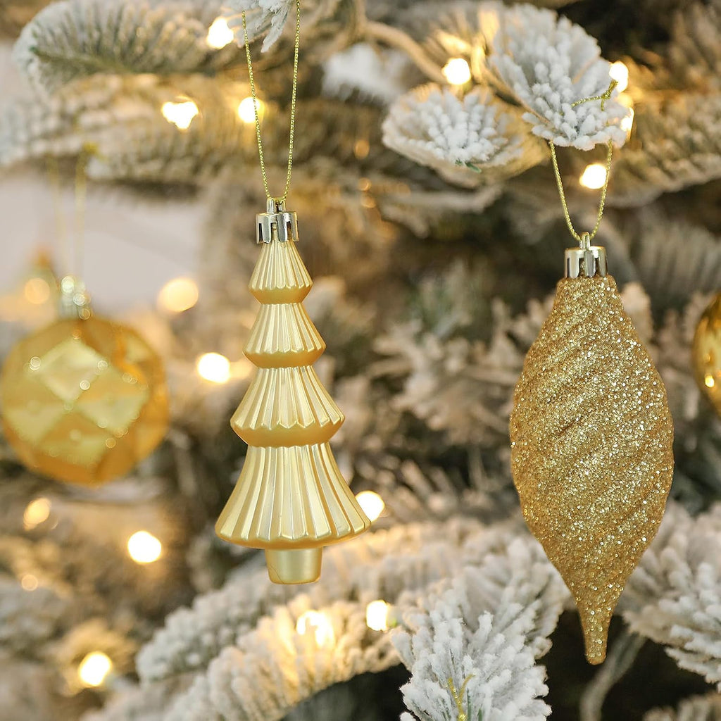 100pcs Gold Christmas Tree Decorations, Shatterproof Plastic Ornaments Set for Xmas Tree Decor, Wedding, Party