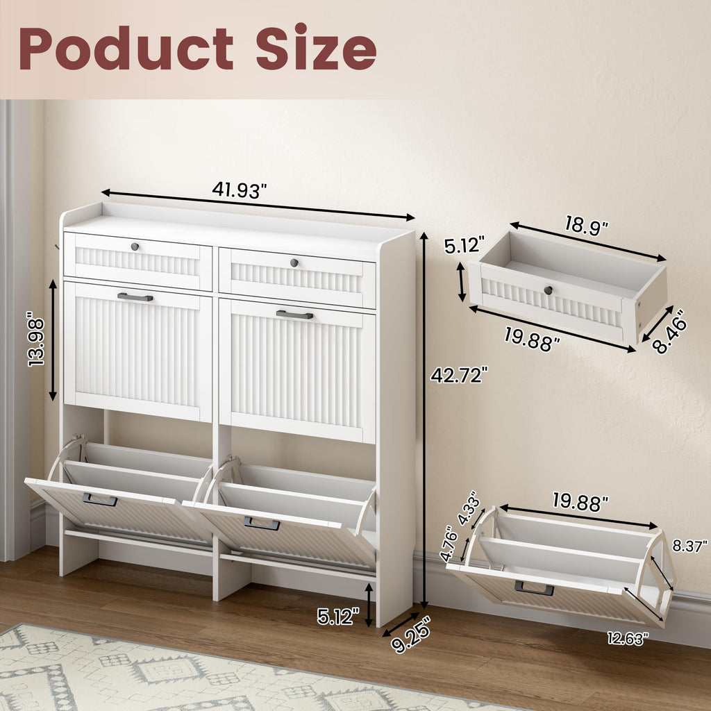 Fluted Shoe Cabinet, 4 Flip & 2 Top Drawers, White