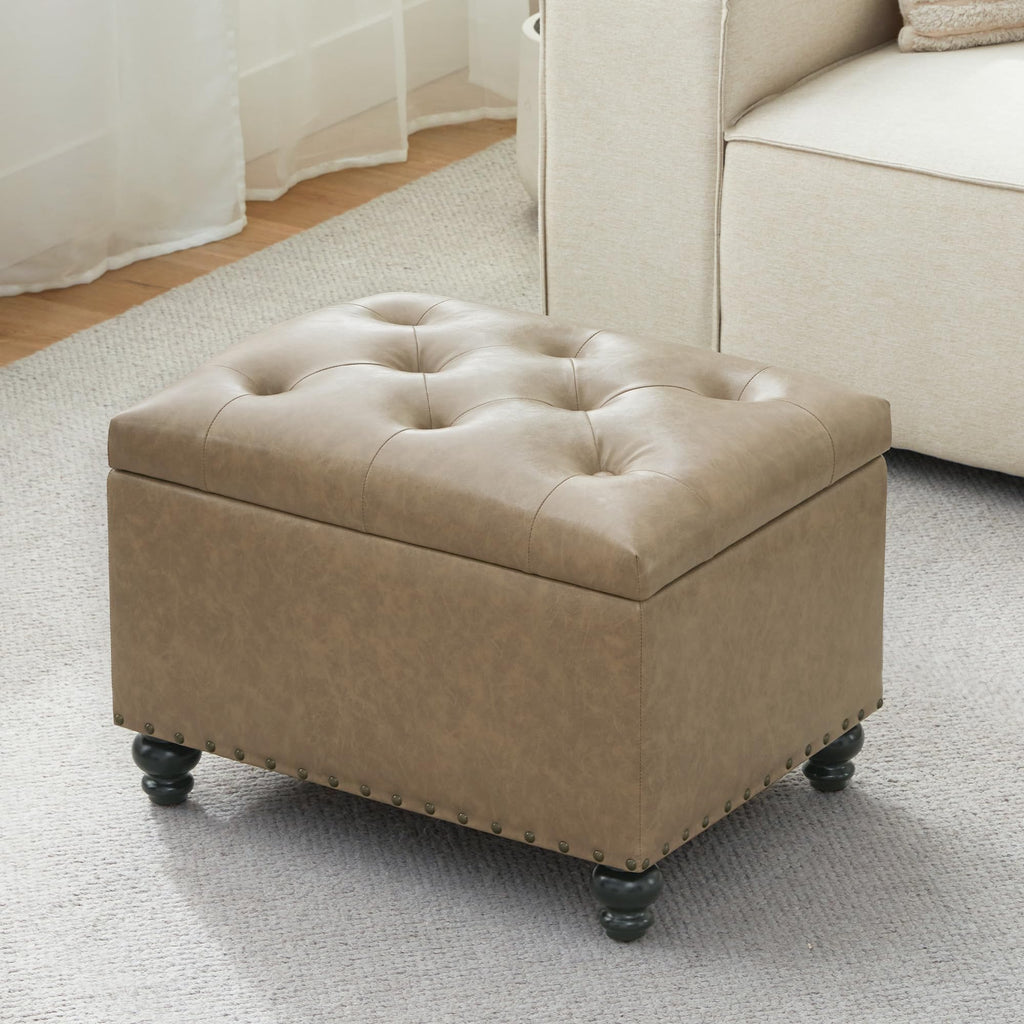 Leather Ottoman with Storage, Upholstered Button Tufted Ottoman Foot Rest, Foot Stools, 24" Rectangle Ottomans with