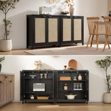 Sideboard Buffet Storage Cabinet - Boho Rattan Credenza Coffee Bar Cabinet with Large Storage