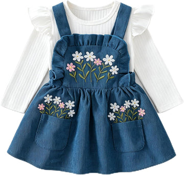 Baby Girl Dress Set Long Sleeve Ribbed Top Embroidered Suspender Dress