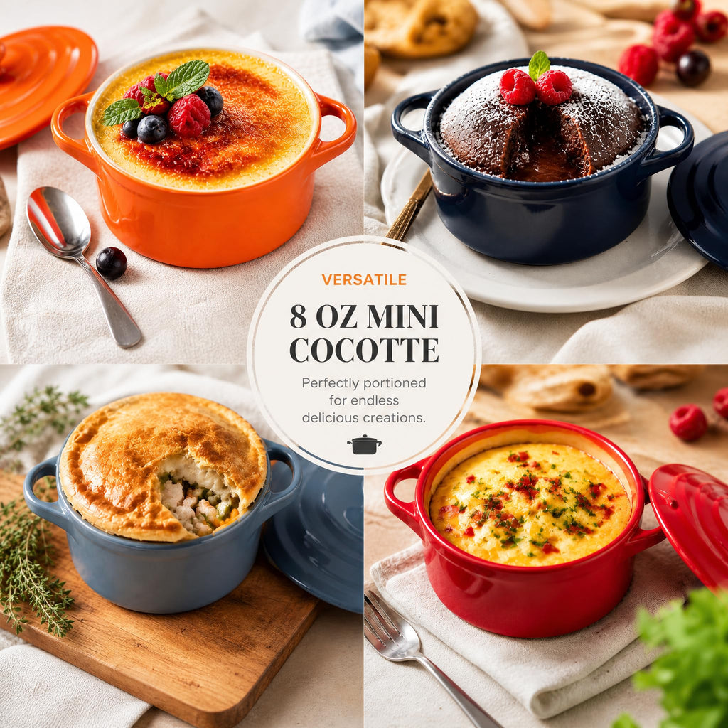 4 Pack Porcelain Ramekin with Lids and Handles Oven Safe, 8 oz Round Souffle Creme Brulee Baking Dish, Pudding