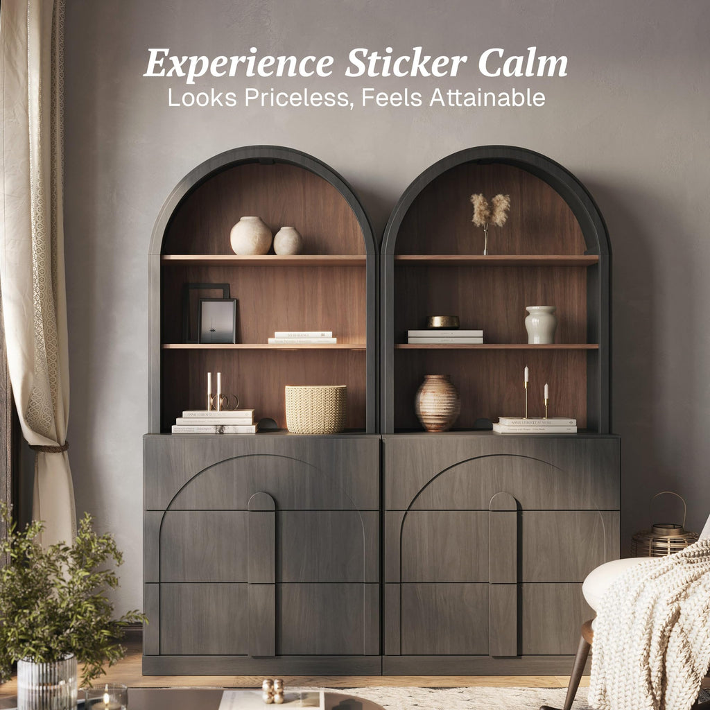 Arched Bookshelf with 3 Drawers Set of 2, 71" Tall Modern Wood Display Cabinet with Hutch, Modern Book Case Shelf