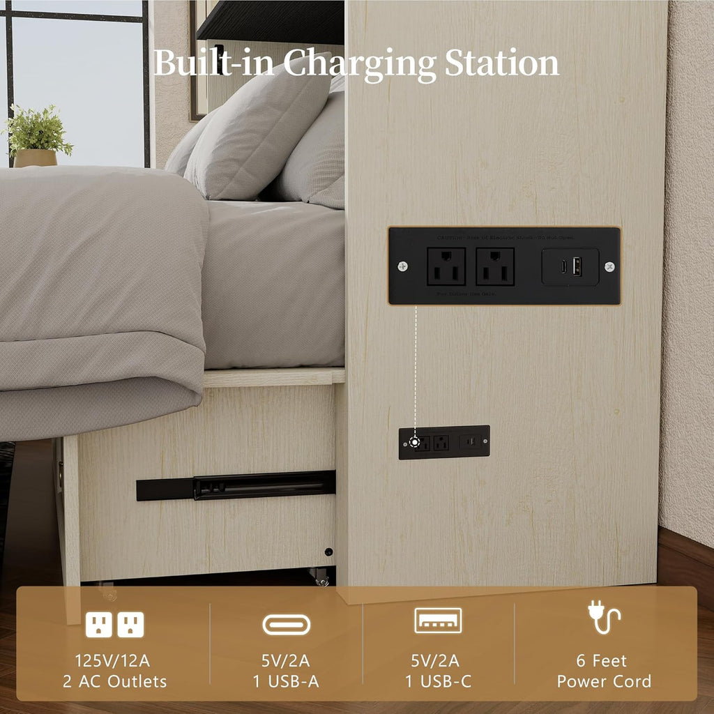 Queen Murphy Bed with Storage Drawer, Farmhouse Cabinet Bed with LED Lights & Charging Station, Space Saving Wall Bed