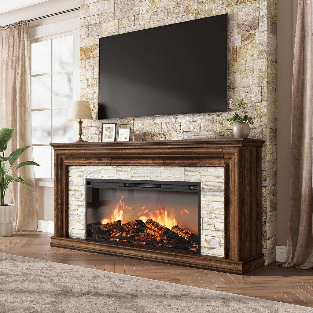 QUW 70" Fireplace TV Stand Up to 80" TVs, 42" Modern Electric Fireplace with Mantel