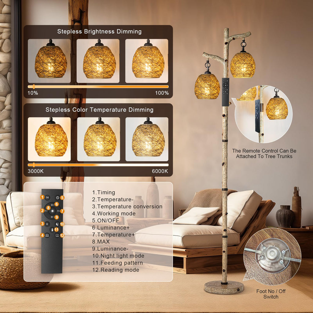 68.5" Rustic Floor lamp with Remote Control, Bird Nest Lantern