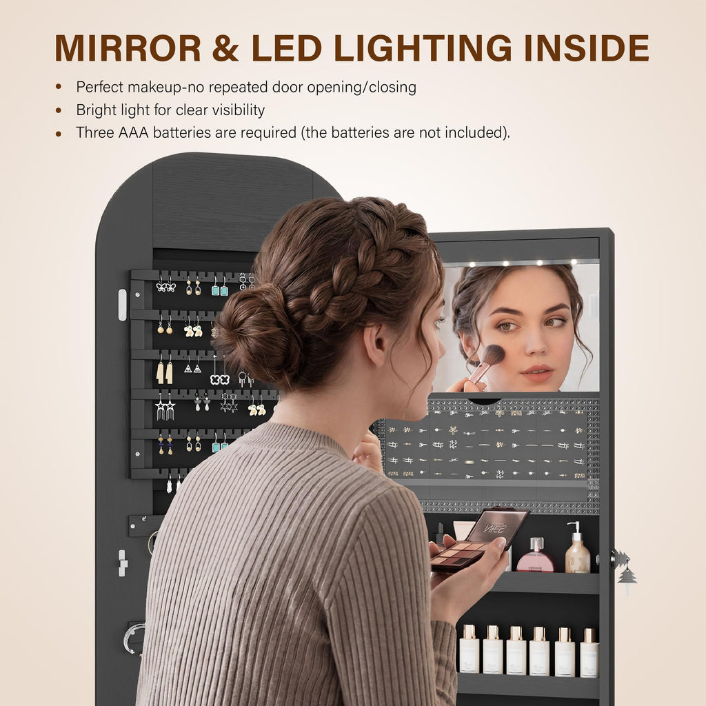 LED Mirror Jewelry Cabinet, Jewelry Organizer, Wall or Door Mounted, Black