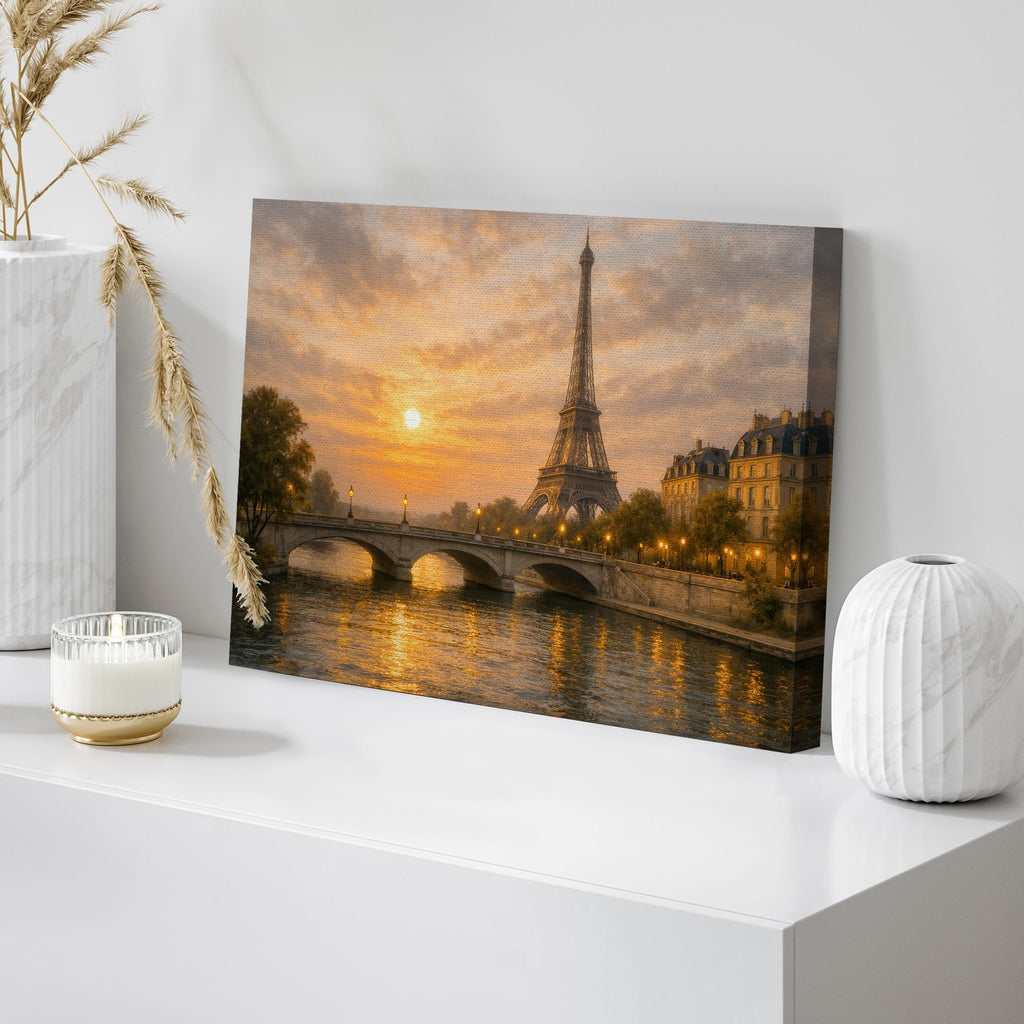 Canvas Print Wall Paris Eiffel Tower Sunset over the Seine River Cityscape Photography Realism Chic Landscape