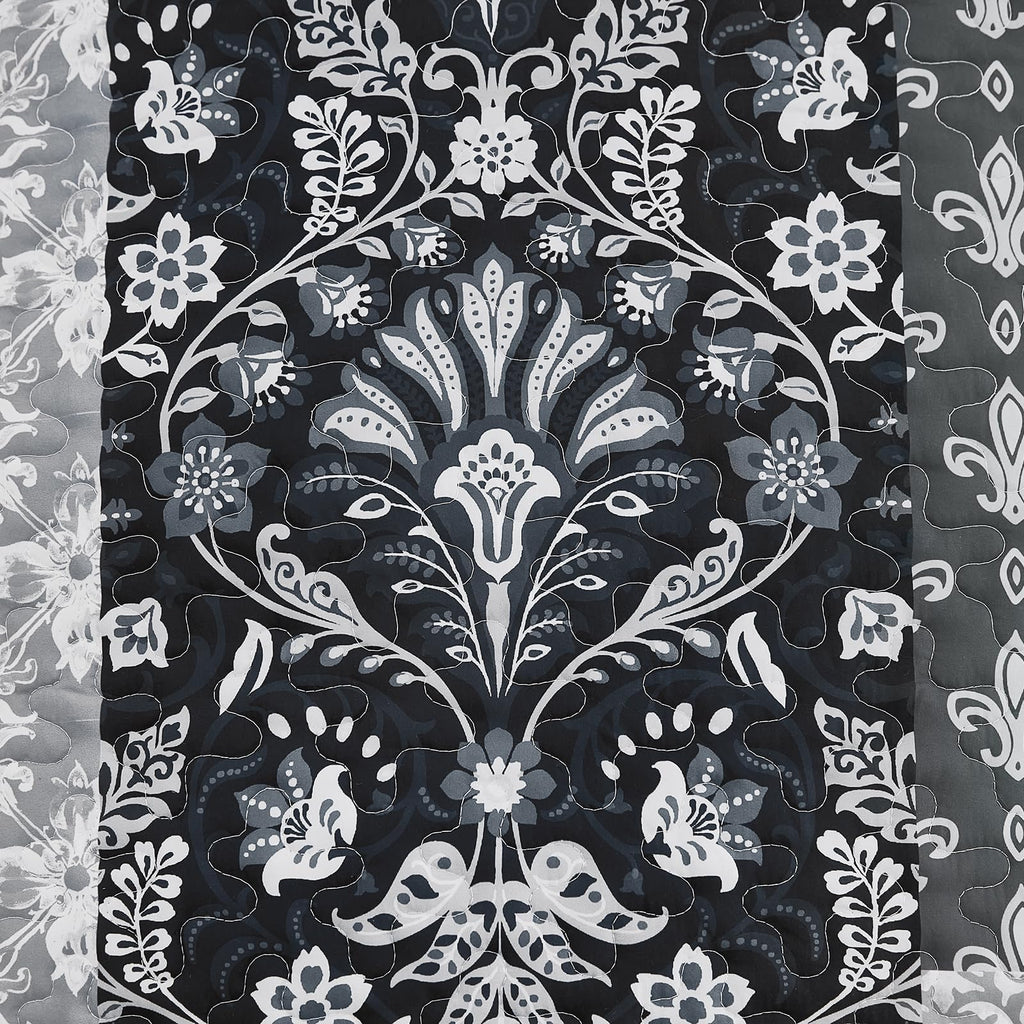 Boho Quilt Queen Set, 3 Pcs Black Patchwork Bedspread Set