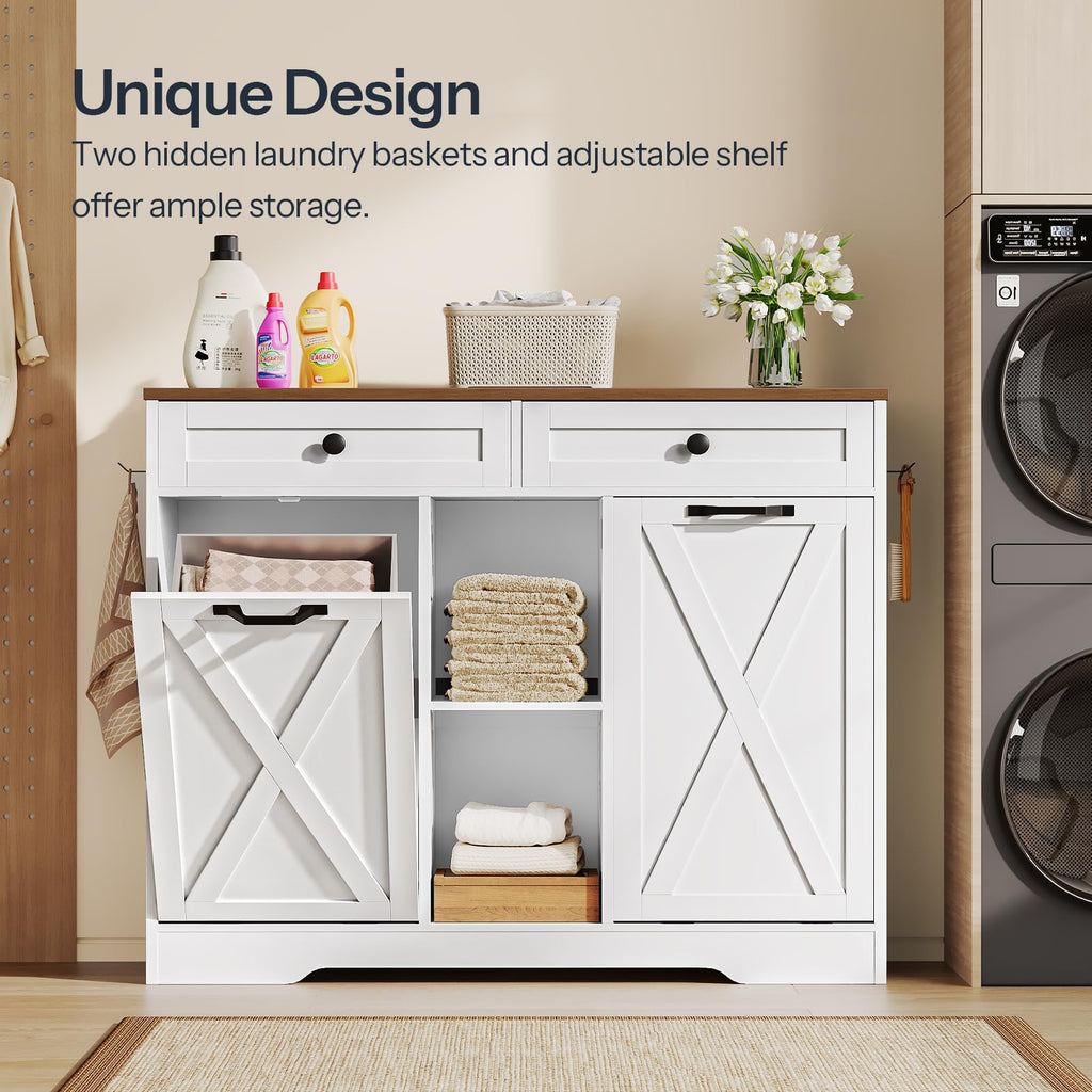 Double Tilt Out Laundry Hamper Cabinet, 23 Gallon Farmhouse Trash Can Cabinet with 2 Drawers and Open Shelving