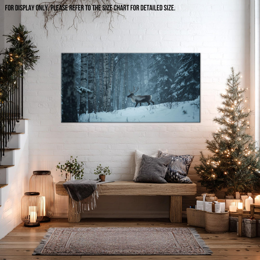 Winter Wall Art Natural Animal Canvas Prints, Rustic Reindeer Painting Christmas Pictures Monochrome Woodland Snow