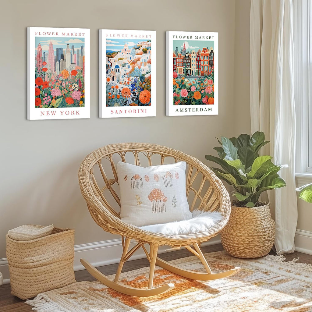 3 Piece Flower Market Wall Art City Floral Canvas Wall Art Colorful City Flower Pictures Wall Decor Vintage Travel