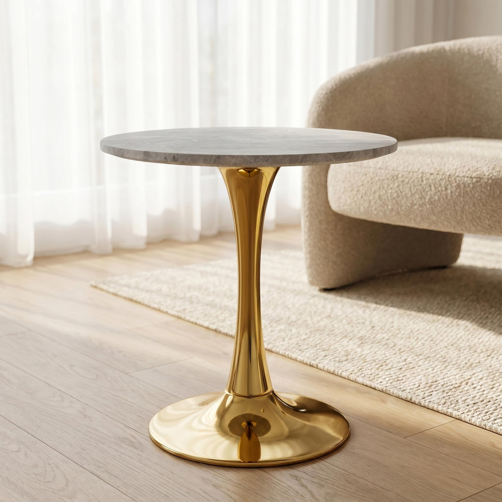 27.6" Marble Round Tulip Table, Mid-Century Modern Style Dining Table with Gold Pedestal Base for 2-4 People