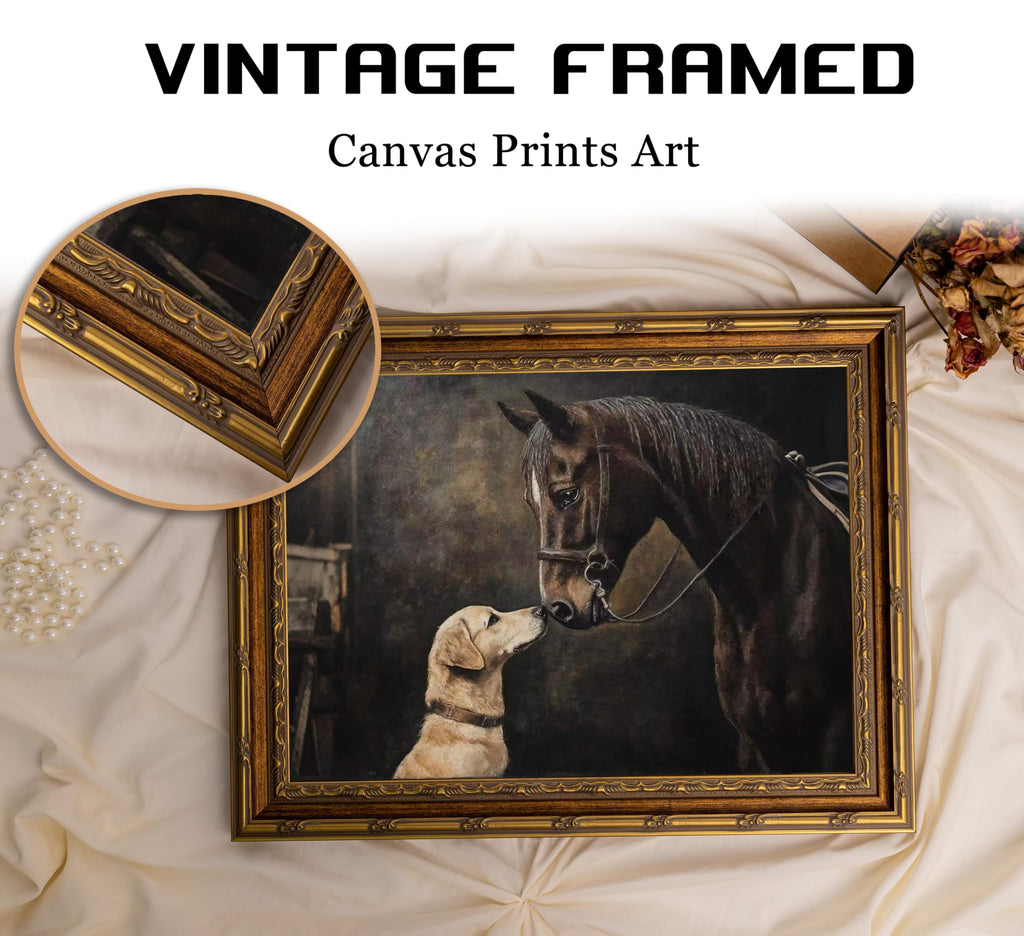 Gold Framed Vintage Horse And Dog Canvas Wall Art Rustic Farmhouse Retro Animal Landscape Painting Picture Wall Decor