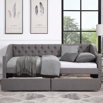 Linen Upholstered Daybed with Drawers, Twin daybed with arm and backrest, Twin Size Day Bed with Nailhead Trim and