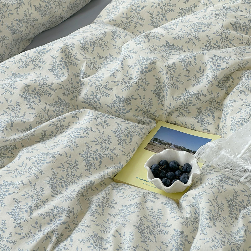 Blue Floral Duvet Cover Twin Size - 100% Cotton Soft Boho Comforter Cover with Zipper Closure 4 Ties, 3-Piece Vintage