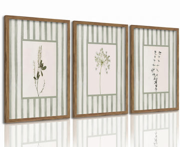 Sage Green Bathroom, Cottage Style Botanical Decor, Vintage Rustic Striped Floral Posters, Neutral Farmhouse Wall Art
