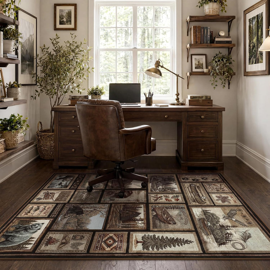 Washable Rustic Cabin 5x7 Area Rugs, Low Pile Soft Western Bear Rug, Non Slip Farmhouse Indoor Dining Room