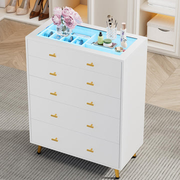 Drawer Dresser with Glass Top and LED Lights, White