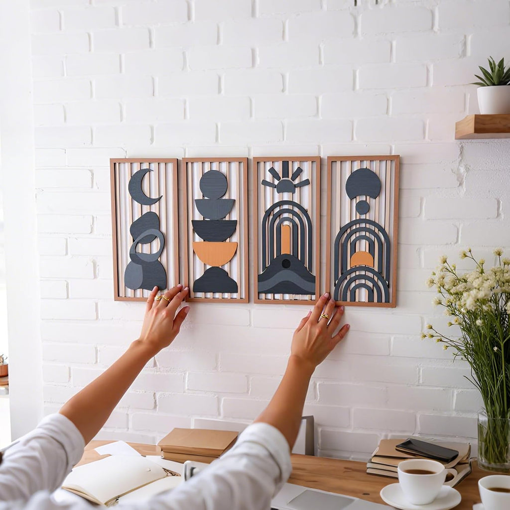 Blue Boho Wall Decor, Abstract Blue Wall Art & Wall Decor Blue, Mid-Century Modern Aesthetic Artwork - Set of 4