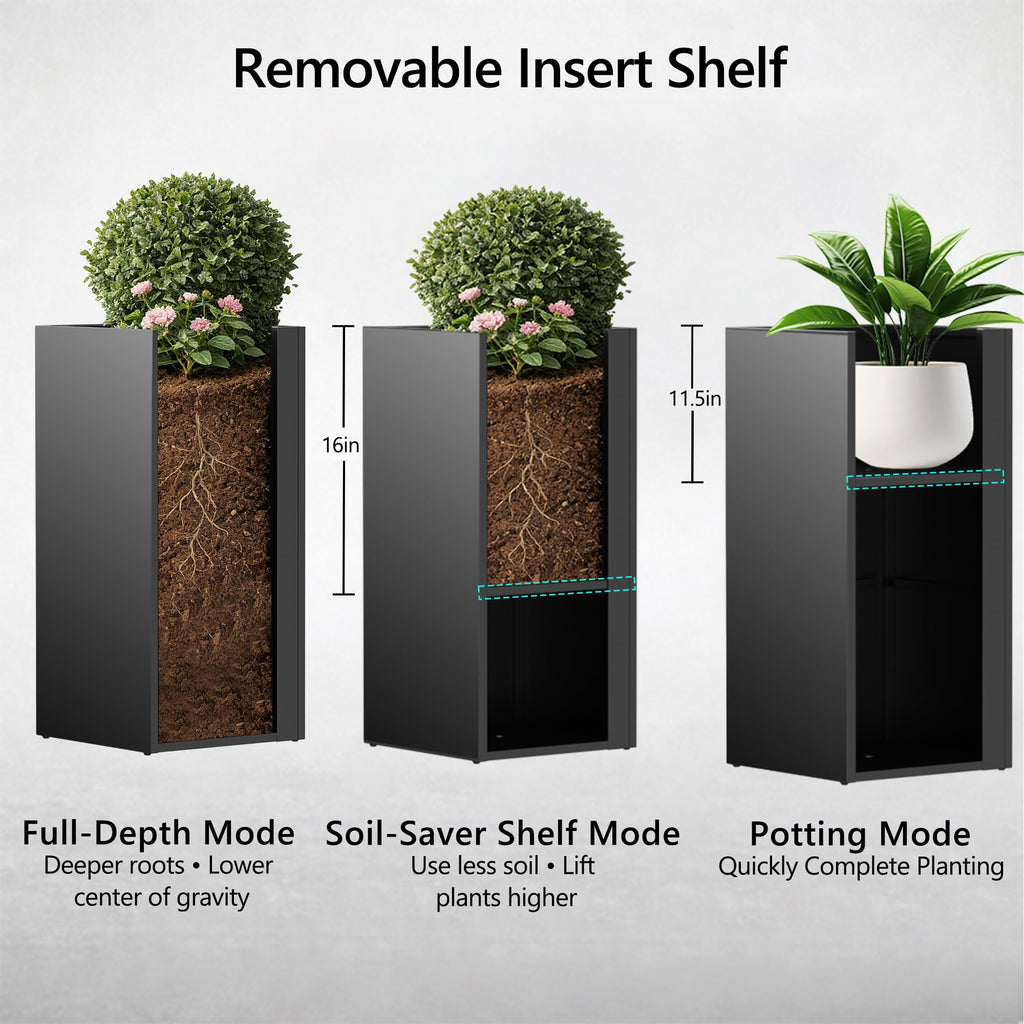 Set of 2 Tall Metal Planter Box for Outdoor Plants, 14" L x 14" W x 30" H