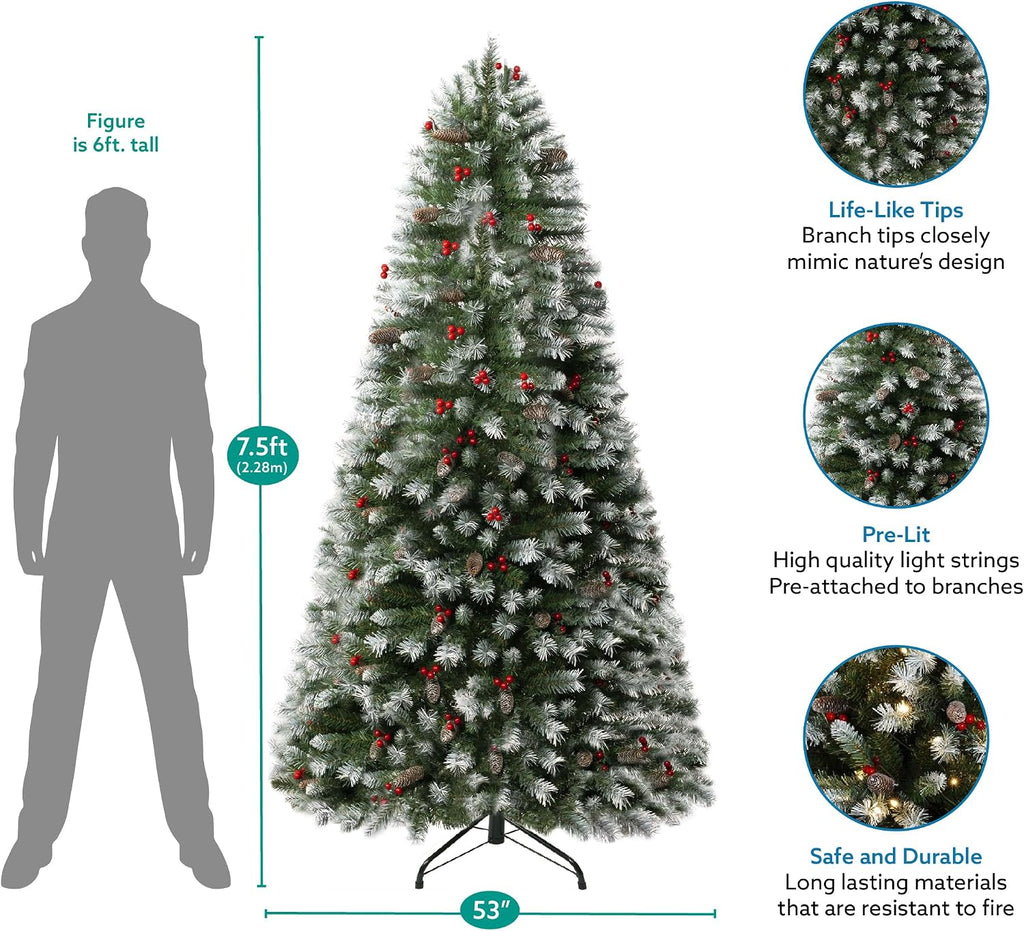 Vancouver 7.5ft Frosted Prelit Artificial Christmas Tree with Pine Cones,Faux Berries, Foot Pedal, 1346 Branch