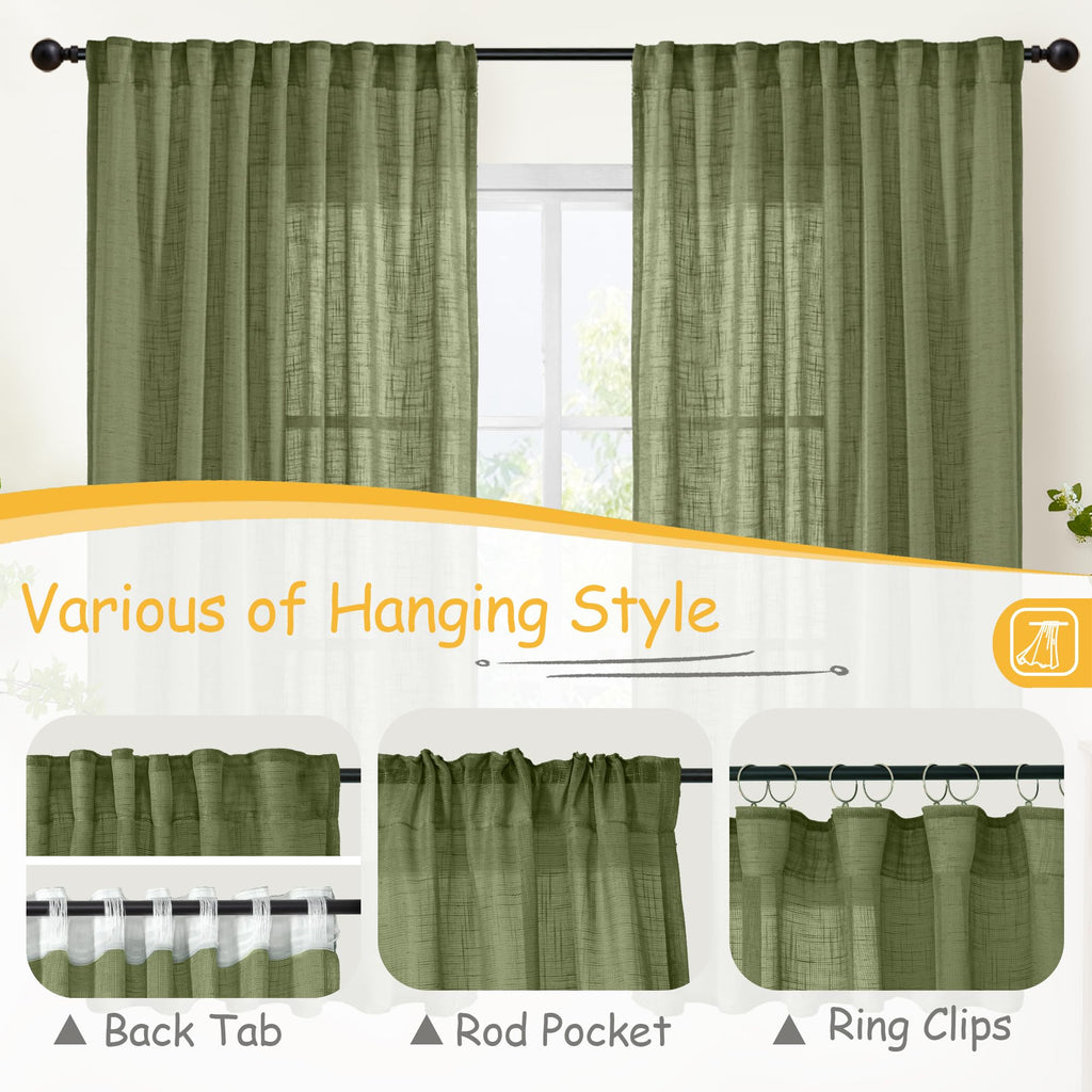 Olive Green Linen Kitchen Window Curtains 36 Inch Length - Small Semi Sheer Drapes with Back Tab Rod Pocket