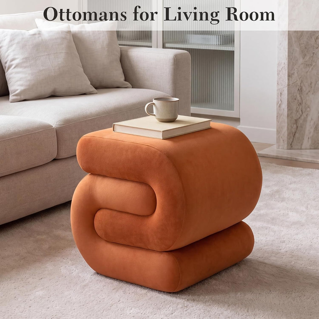 S Shape Modern Pouf Ottoman Vanity Stool, Velvet Orange | Footstool with Sponge Filling, No Assembly Required, Soft