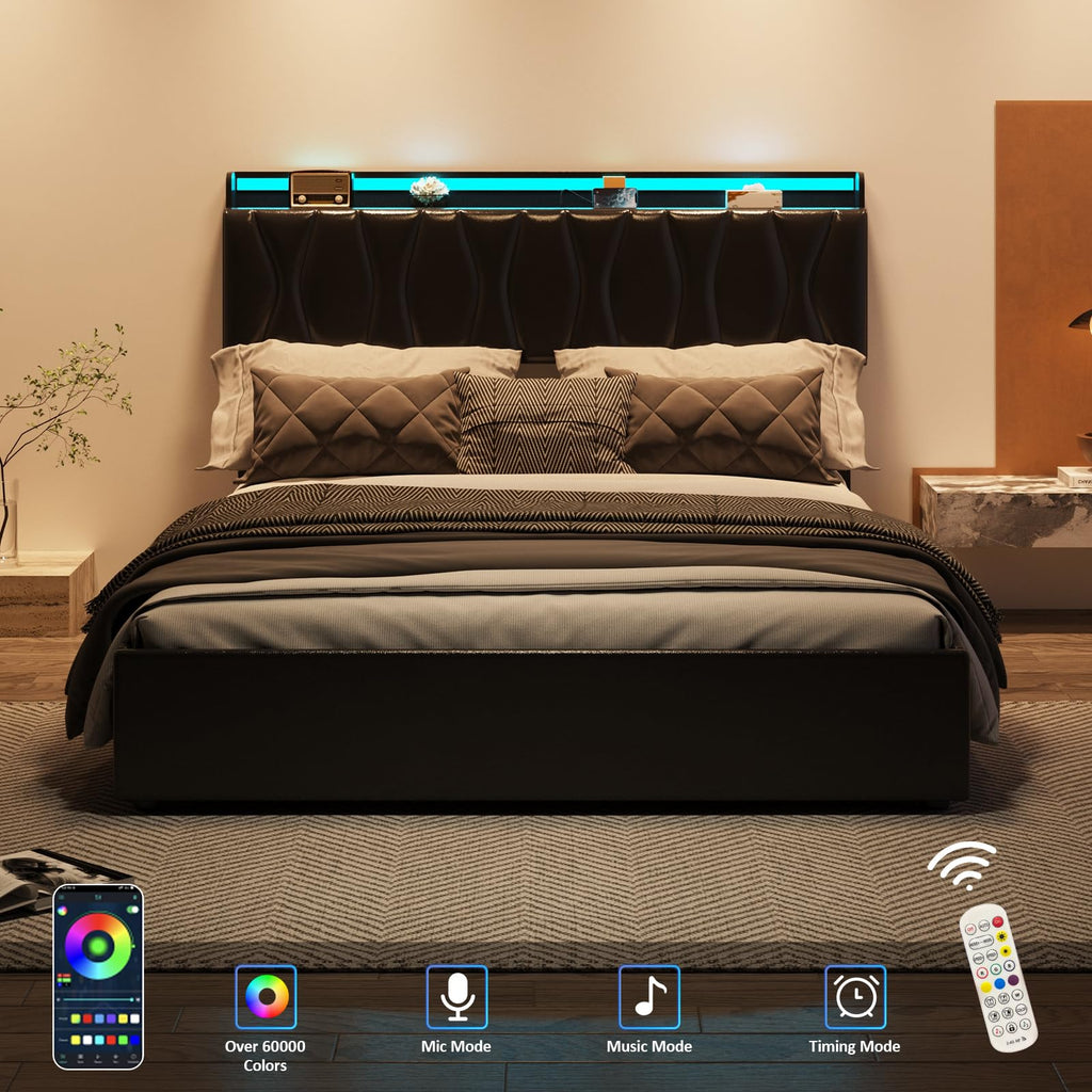 Queen Size Lift Up Storage Bed Frame with Adjustable Headboard, Charging Station, LED Lights, Wood Slats, Noise-Free