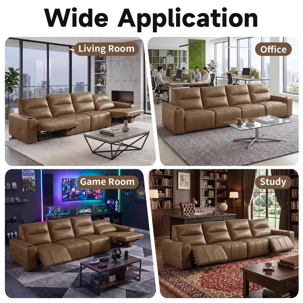 Power Recliner Sofa Genuine Leather Wall Hugger Recliners with USB Port 4-Seater Sofas with 2 Cup Holders, Brown