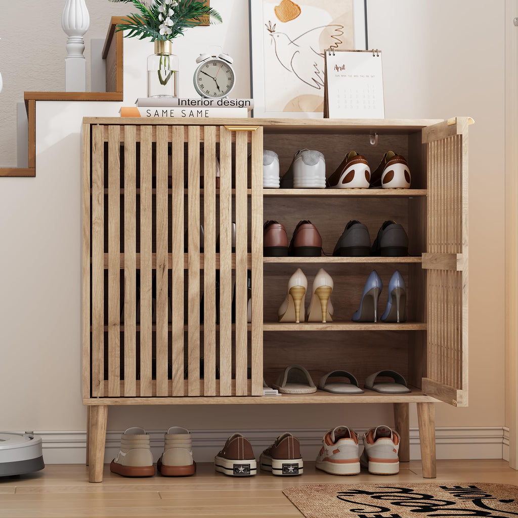 Freestanding Shoe Storage Cabinet with Fluted Slatted Doors, Wooden Hidden Shoe Organizer, Closed Shoe Rack Foyer