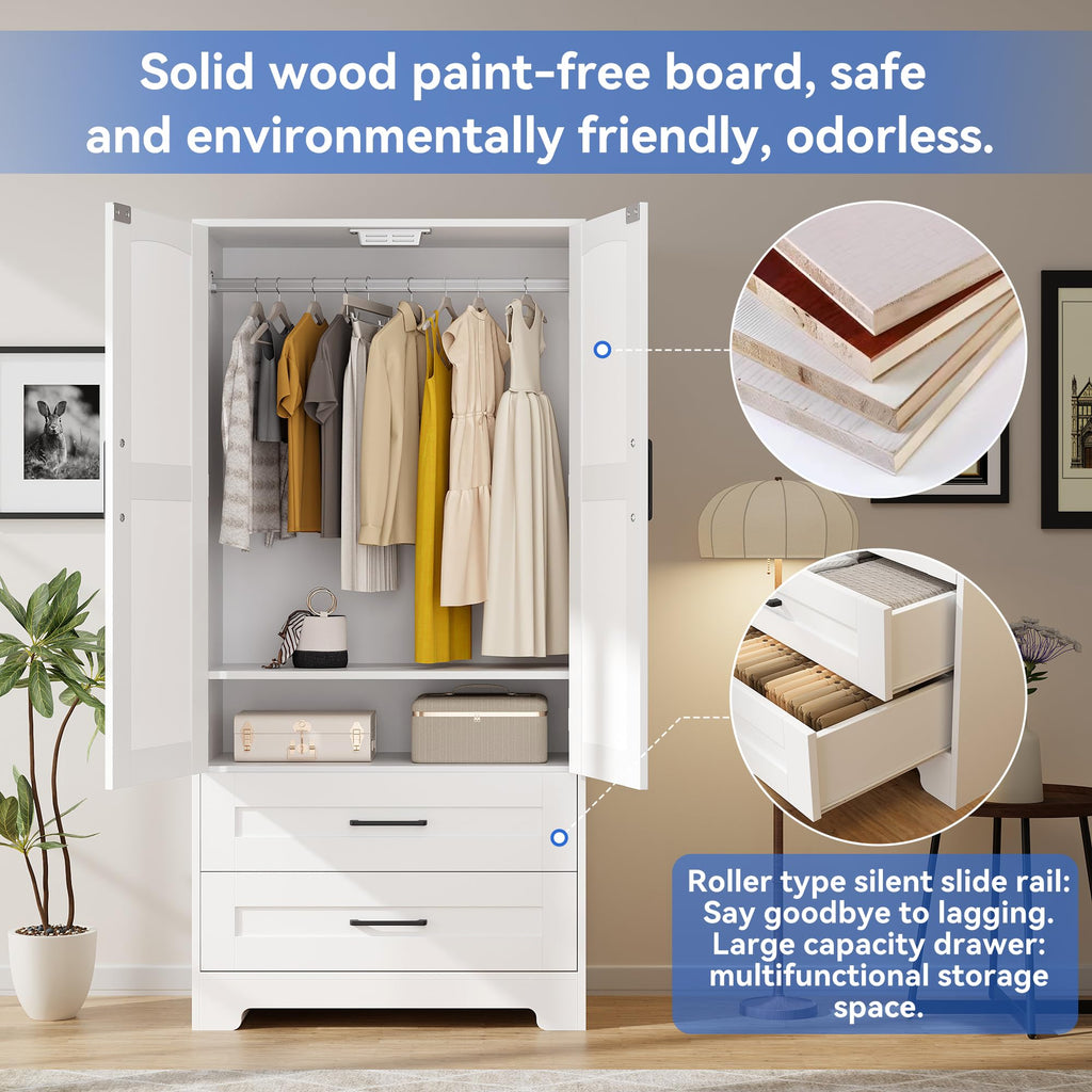 Wooden Armoire Wardrobe Closet, Bedroom Armoires with Door and Drawers, Freestanding Wardrobe Clothing Storage