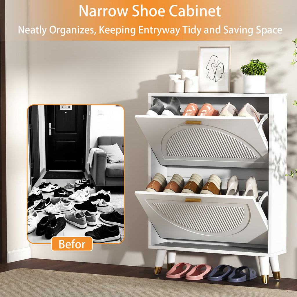 White Narrow Shoe Cabinet Storage with 2 Flip Drawers