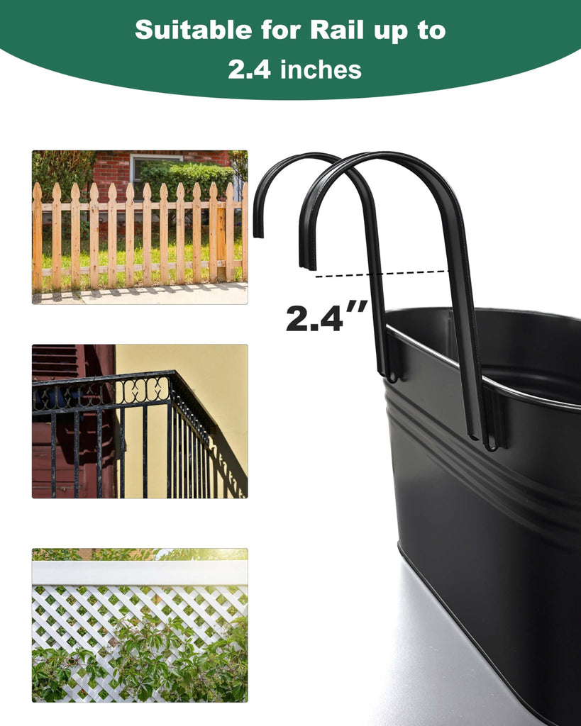 16 Inch Railing Planter Box, 5 Pack Large Metal Hanging Planters with Hooks