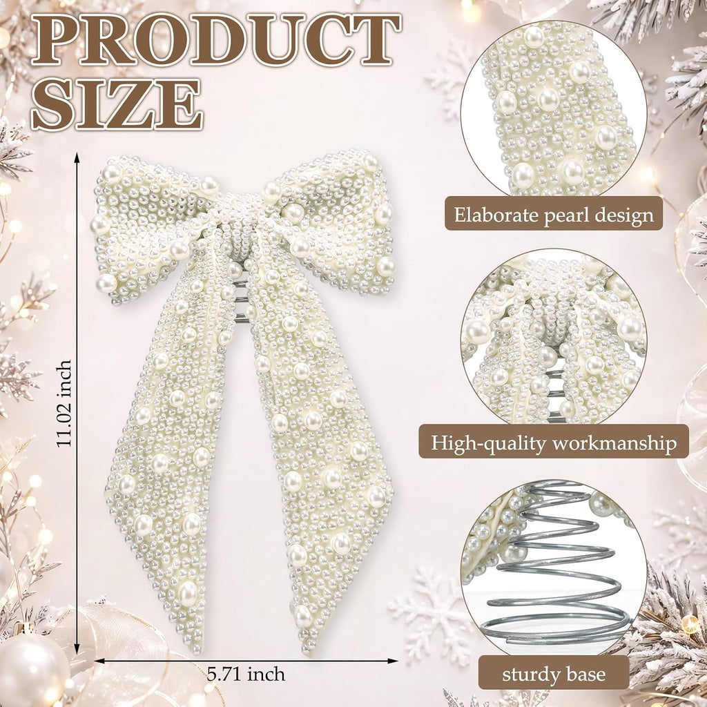Pearl Bow Christmas Tree Topper Elegant White Xmas Decoration