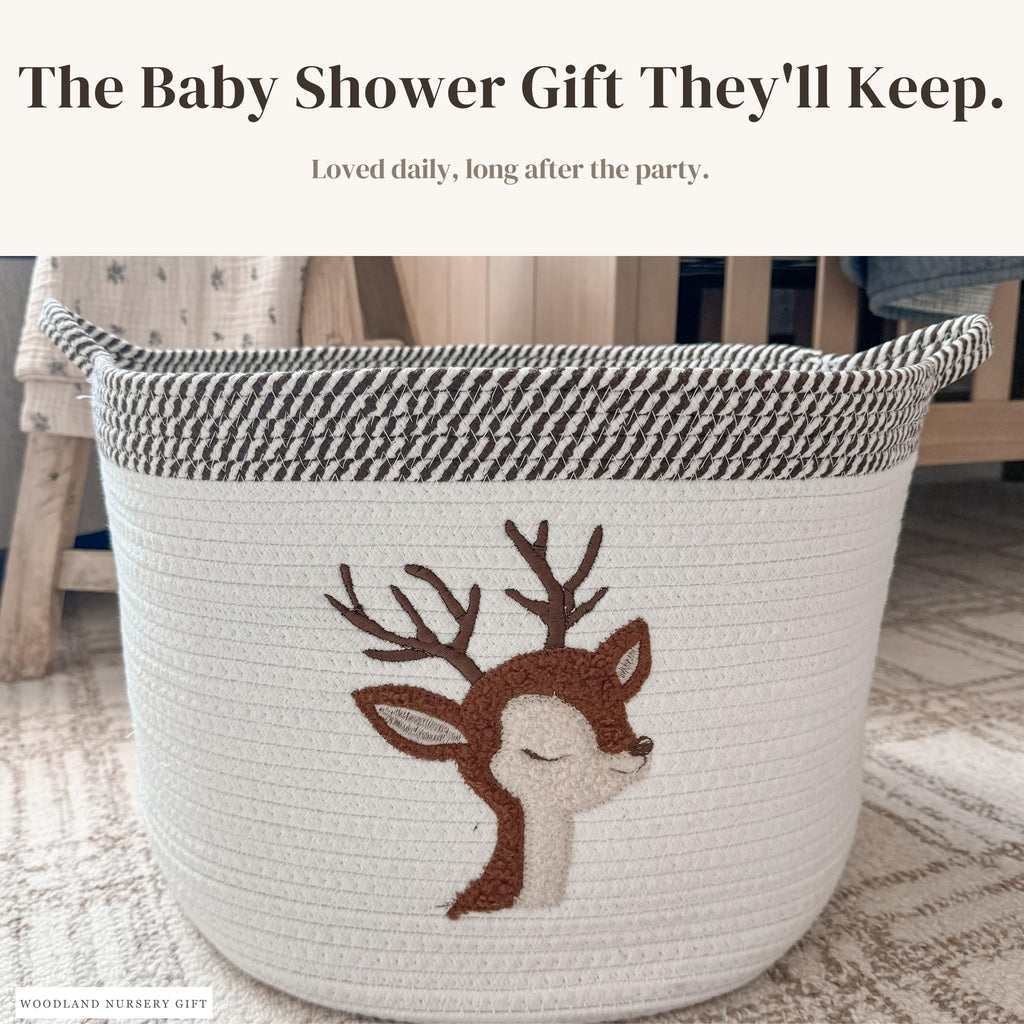 Deer Baby Storage Basket, Woven Cotton Rope Nursery Bin, 15x11 in