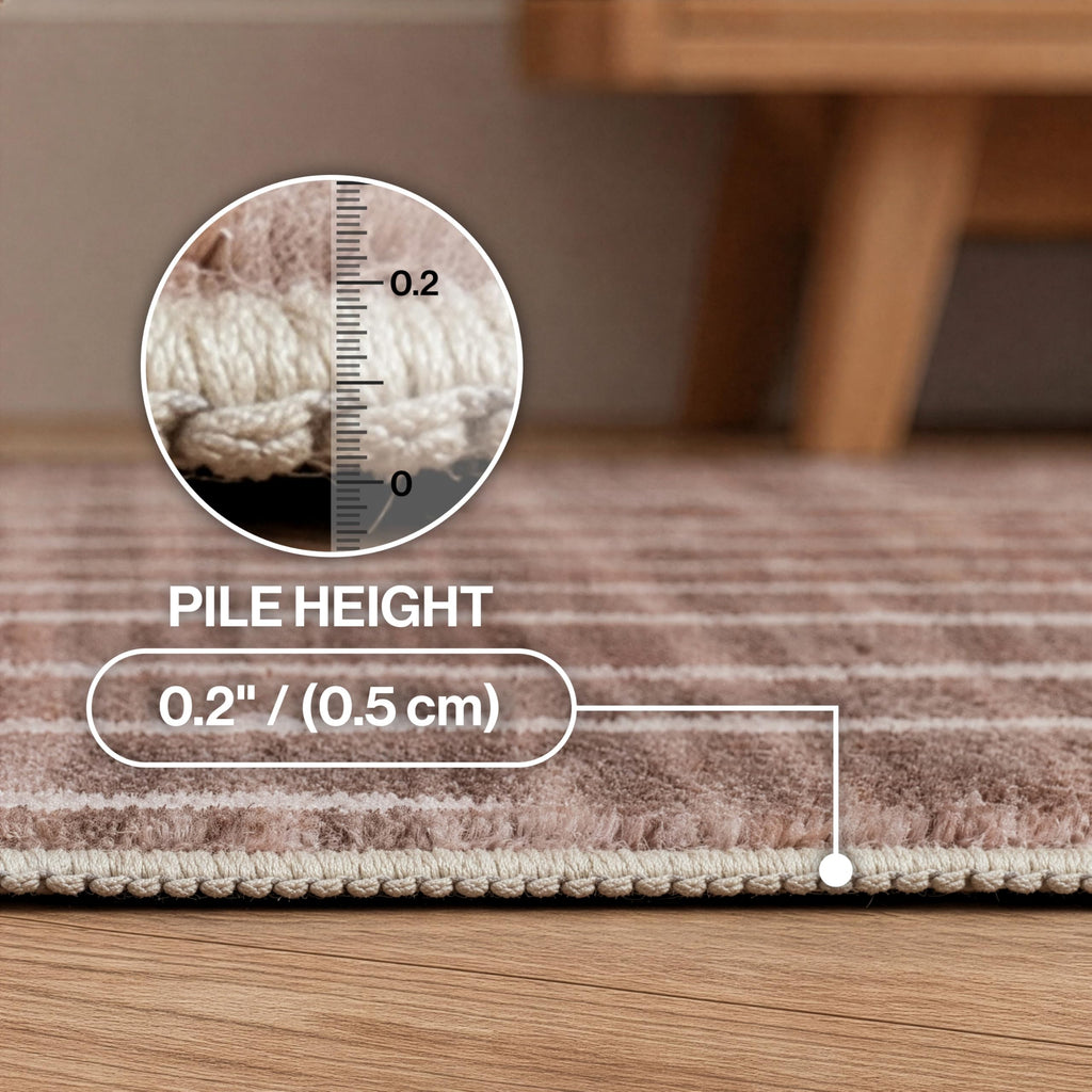 Washable Orton Distressed Ticking Stripe Machine-Washable Polyester Area Rug, Brown and Cream, Farmhouse