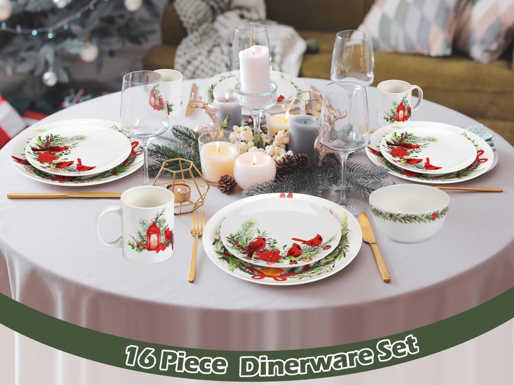16 Pcs Christmas Cardinal Dinnerware Set Floral Dinnerware Ceramic
