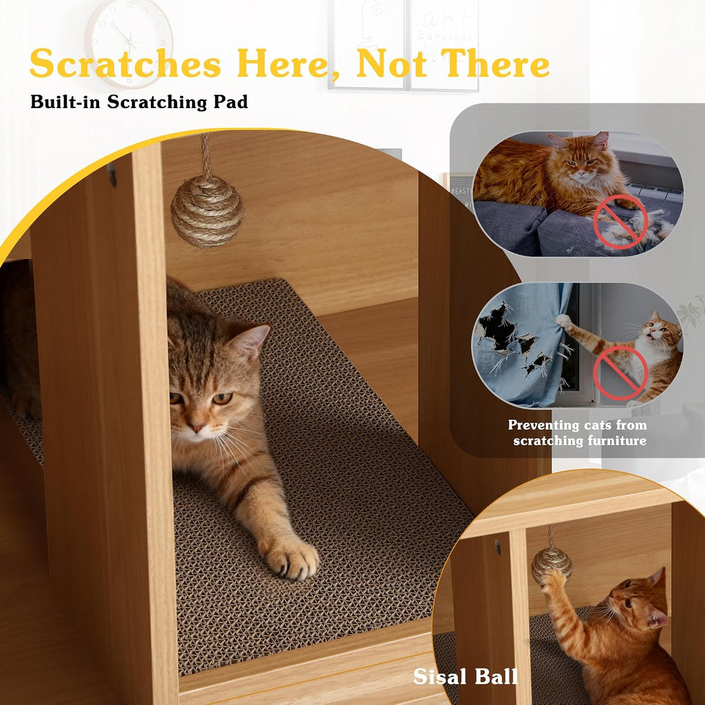 Hidden Cat Litter Box Enclosure with Sliding Door, Built-in Scratch Pad, 63" Modern Indoor Cat House, Fluted