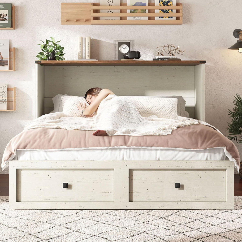 Queen Murphy Bed with Storage & Charging Station, Farmhouse Murphy Cabinet with Foldable Panel, Noisy Free, for Guest