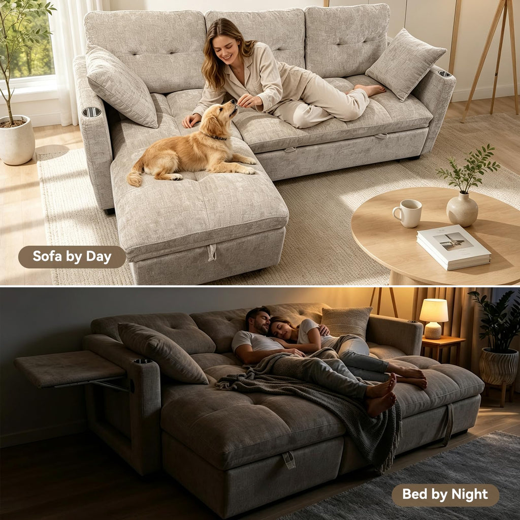 82" Sleeper Sectional Sofa, Comfy Convertible Sofa Bed with Pull Out Couches, Chenille L Shaped Couch with Reversible