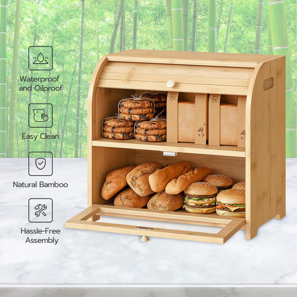 Bamboo Countertop, 2 Tier Roll-Top Bread Bin, Food Storage Box, Large Capacity Keeper, Wooden Storage Cabinet