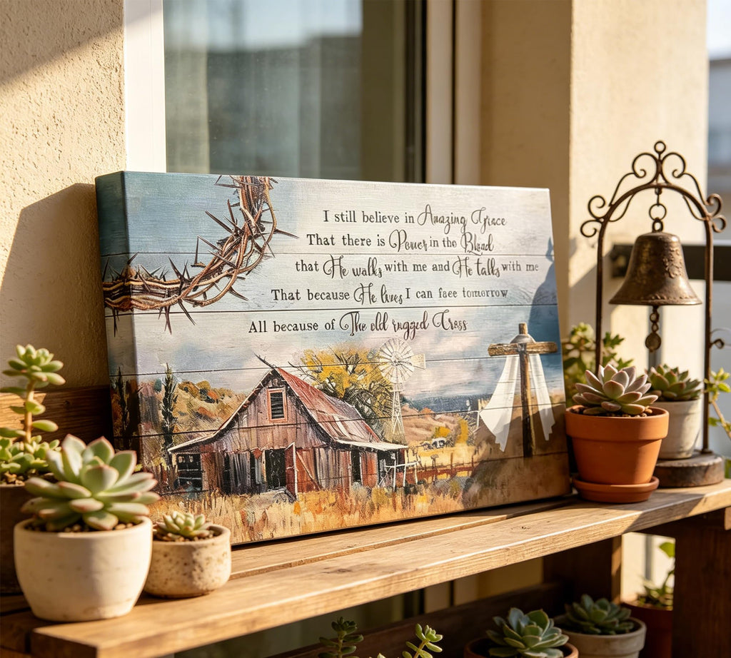 The Old Rugged Cross Canvas Wall Art, Religious Hymn Painting Picture Wall Decor, Vintage Barn Windmill Poster Print