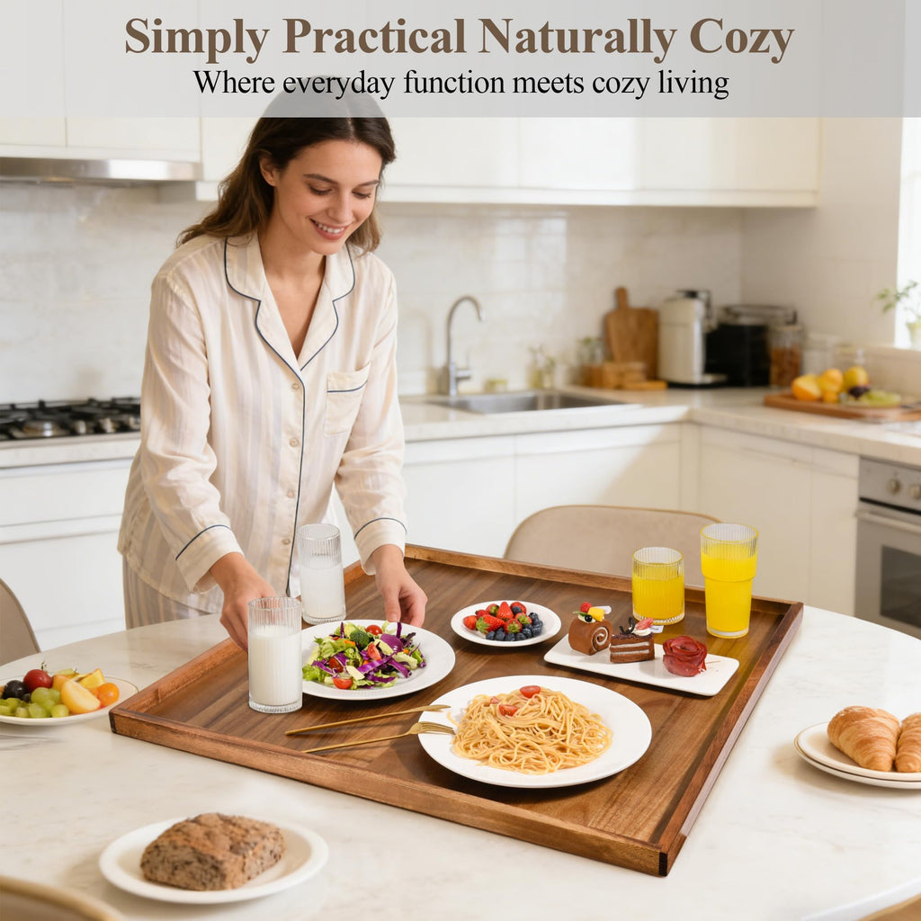 Extra Large Ottoman Tray, Oversized Acacia Wood Serving Tray for Coffee Table, Food, Snacks, Drinks, Decorative Tray