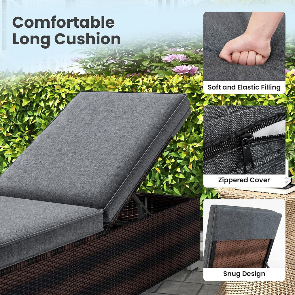 Outdoor Chaise Lounge, Patio Wicker Lounge Chair w/ 4-Level Backrest, Heavy-Duty Metal Frame, Outside Rattan