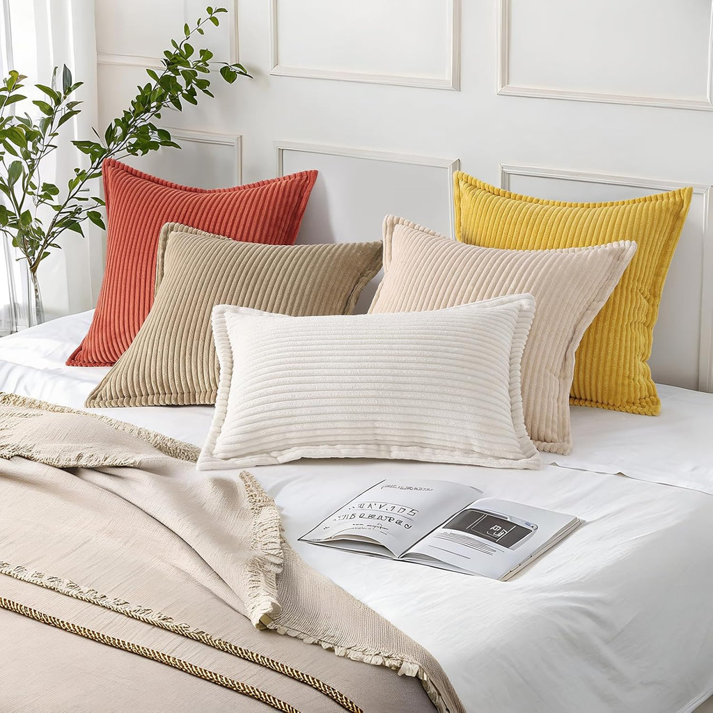 Corduroy Summer Throw Pillow Covers 18x18 Set of 2, Neutral Decorative Soft Boho Couch Pillow Covers with Broadside