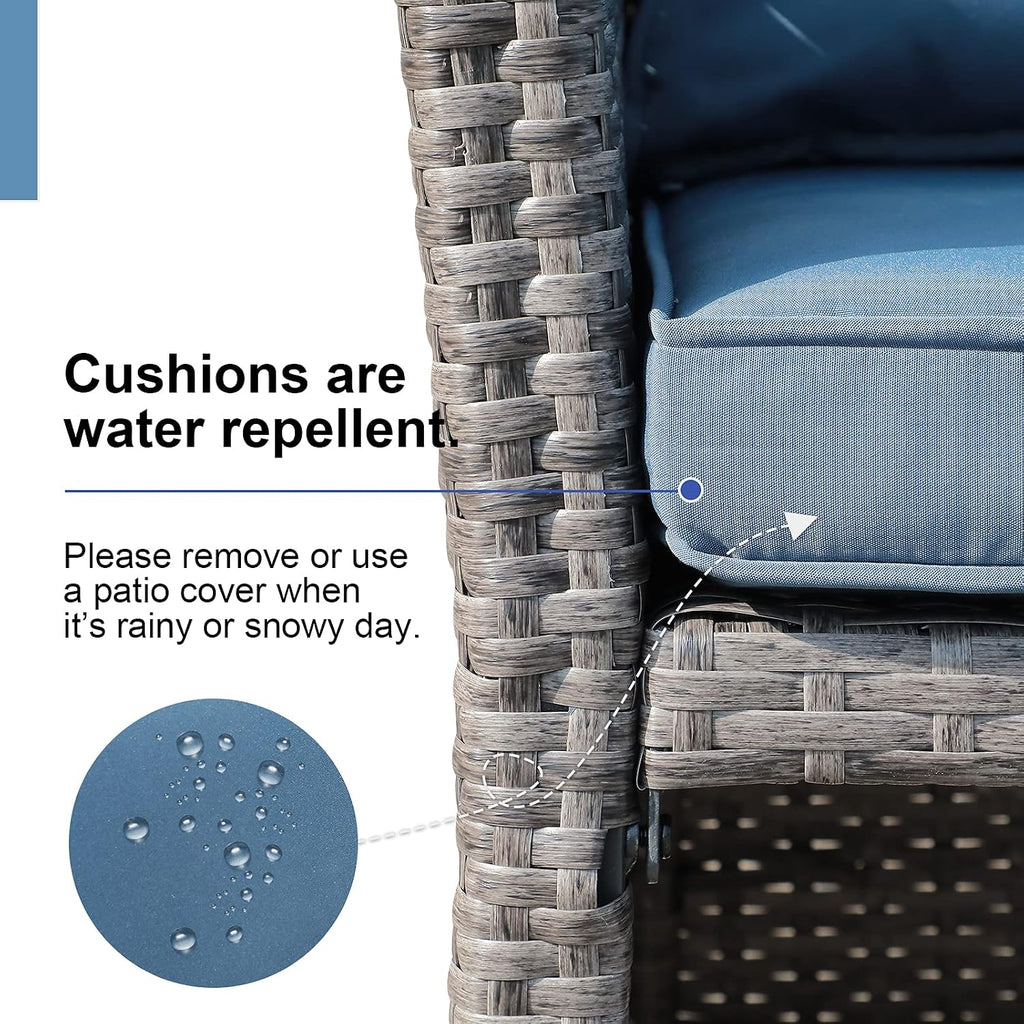 Wicker Patio Loveseat w/Storage Ottoman, 2 Pcs, Navy Blue | 2-Seat Outdoor Couch,w/Soft Cushions & Built-in Storage